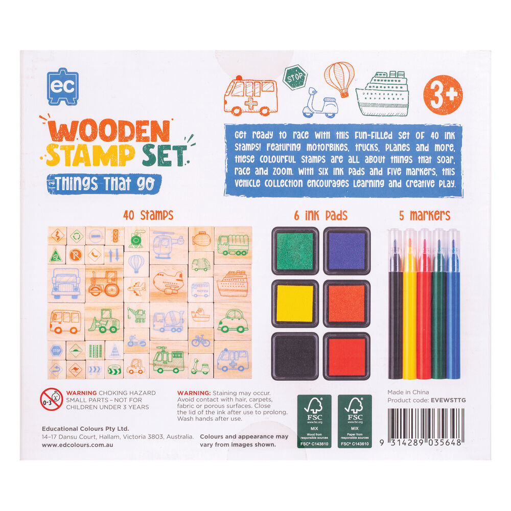 Learning Can Be Fun Wooden Patterned Stamp Set Things That Go! Brown
