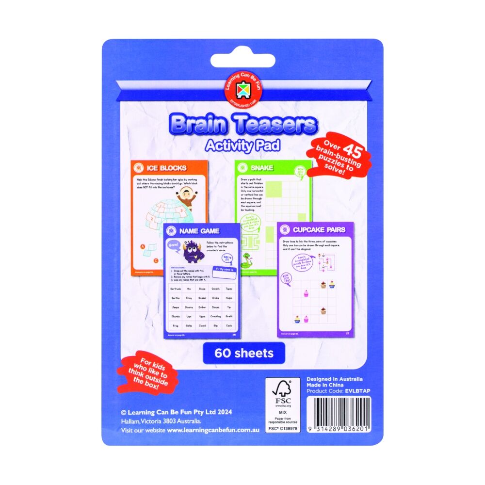 6PK Learning Can Be Fun Brain Teasers Kids Activity Pad 45 Puzzles 5y+ 60 Pages