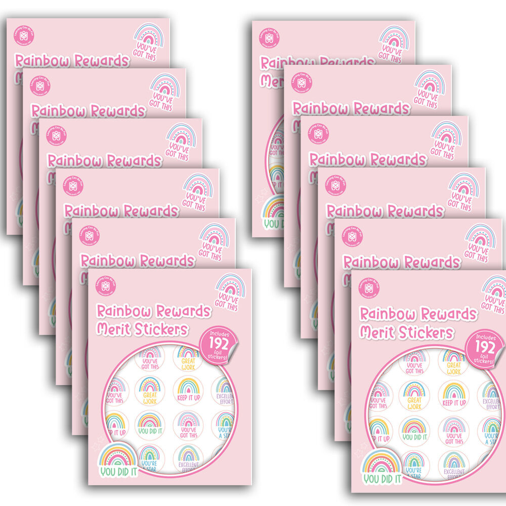 12x 192pc Learning Can Be Fun Rainbow Rewards Merit Sticker Book 28mm
