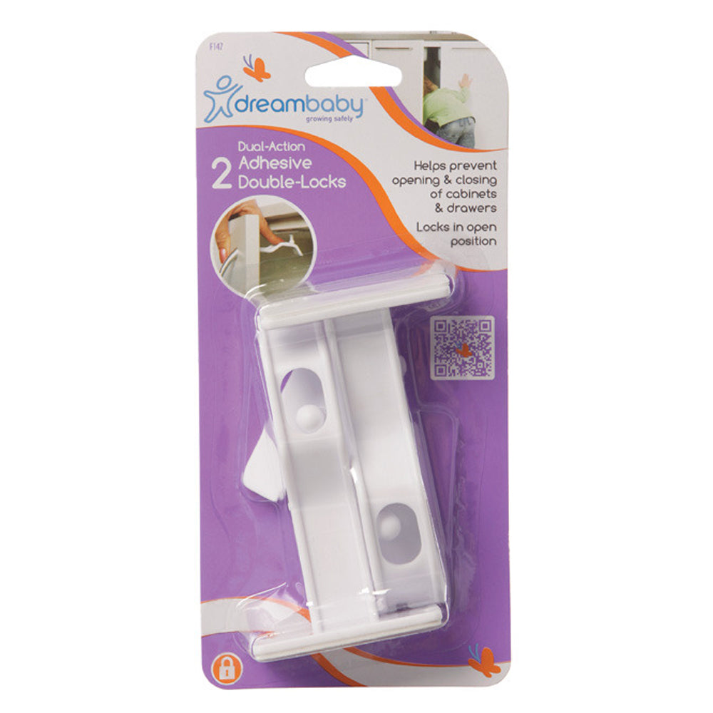 4pc Dreambaby 10cm Dual-Action Adhesive Double Lock For Drawers - White