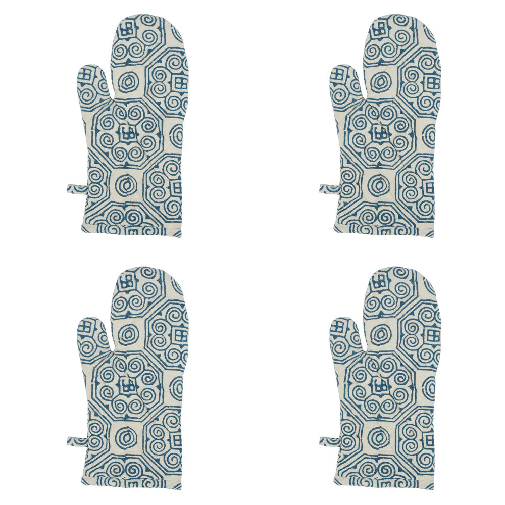 4PK Belle Malta Mosaic Single Cotton Oven Glove Mitt 32x16cm - Blue