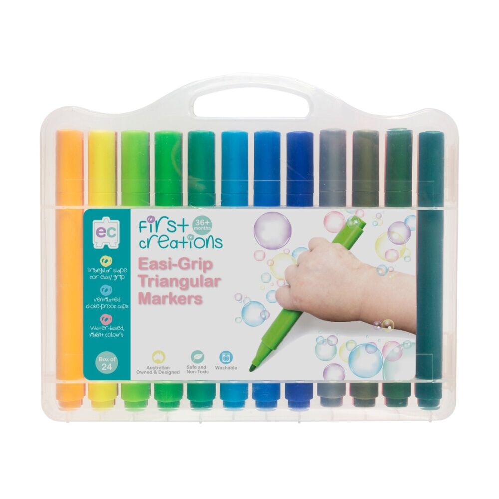 24pc First Creations Easi-Grip Triangular Markers Non-Toxic w/Case Kids 36m+