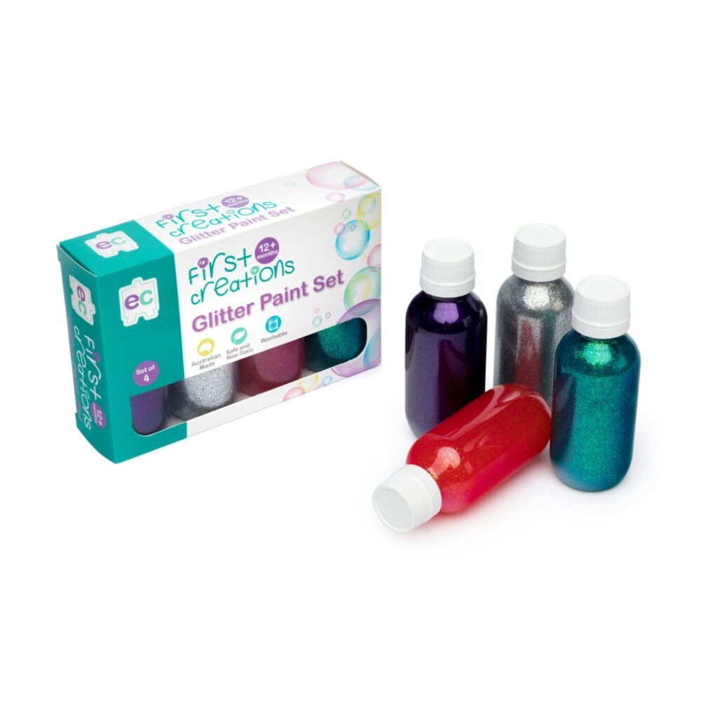 4pc First Creations Glitter Paint Set Washable Non Toxic Kids 100ml 12m+