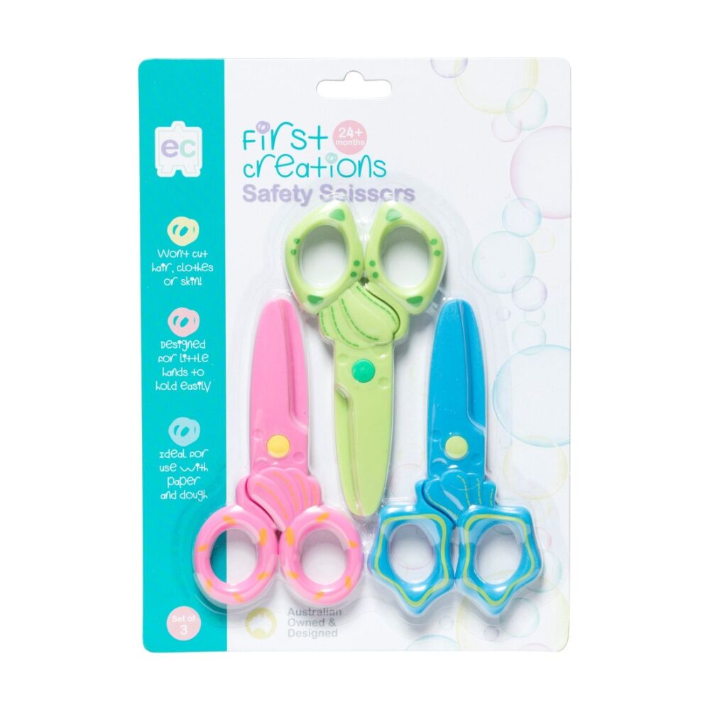 3x 3pc First Creations Kids Safety Scissors Set Child-Safe Pink/Blue/Green 24m+