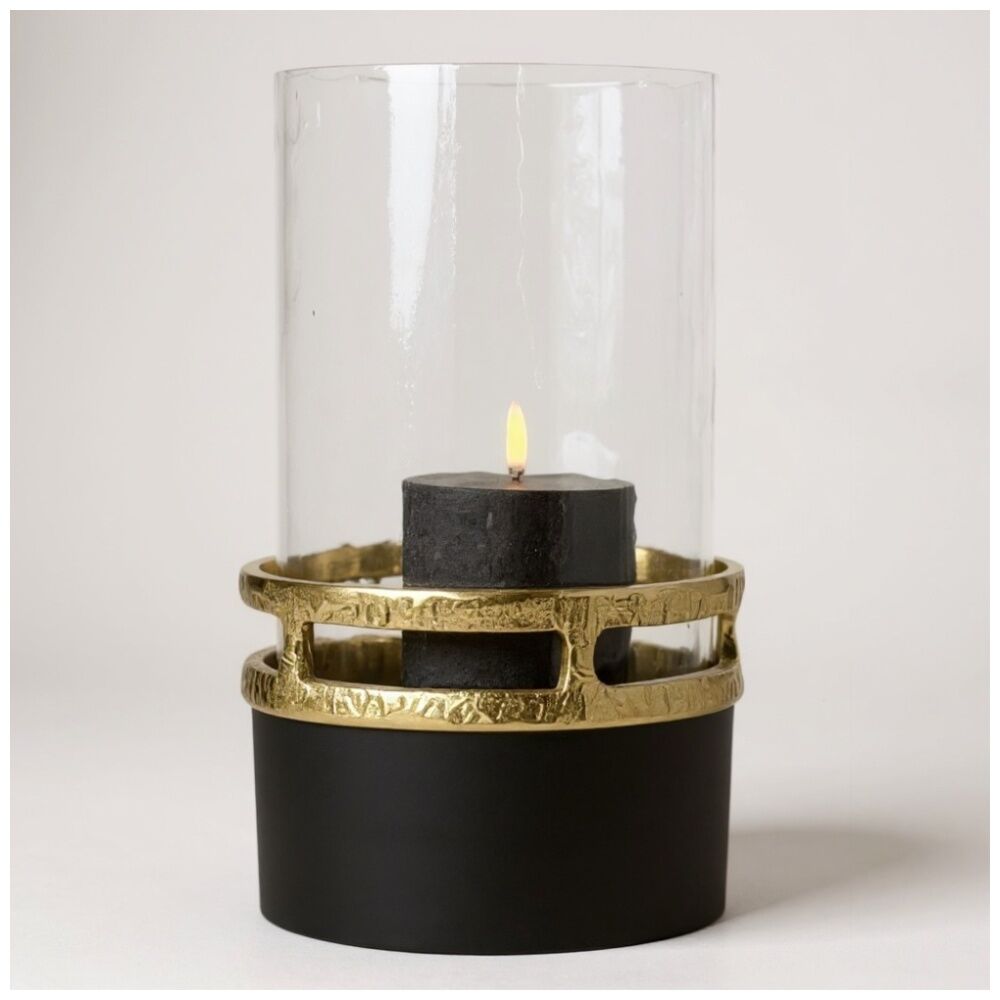 SS Collective Antiqued Glass Hurricane Candle Flute Holder Black and Gold