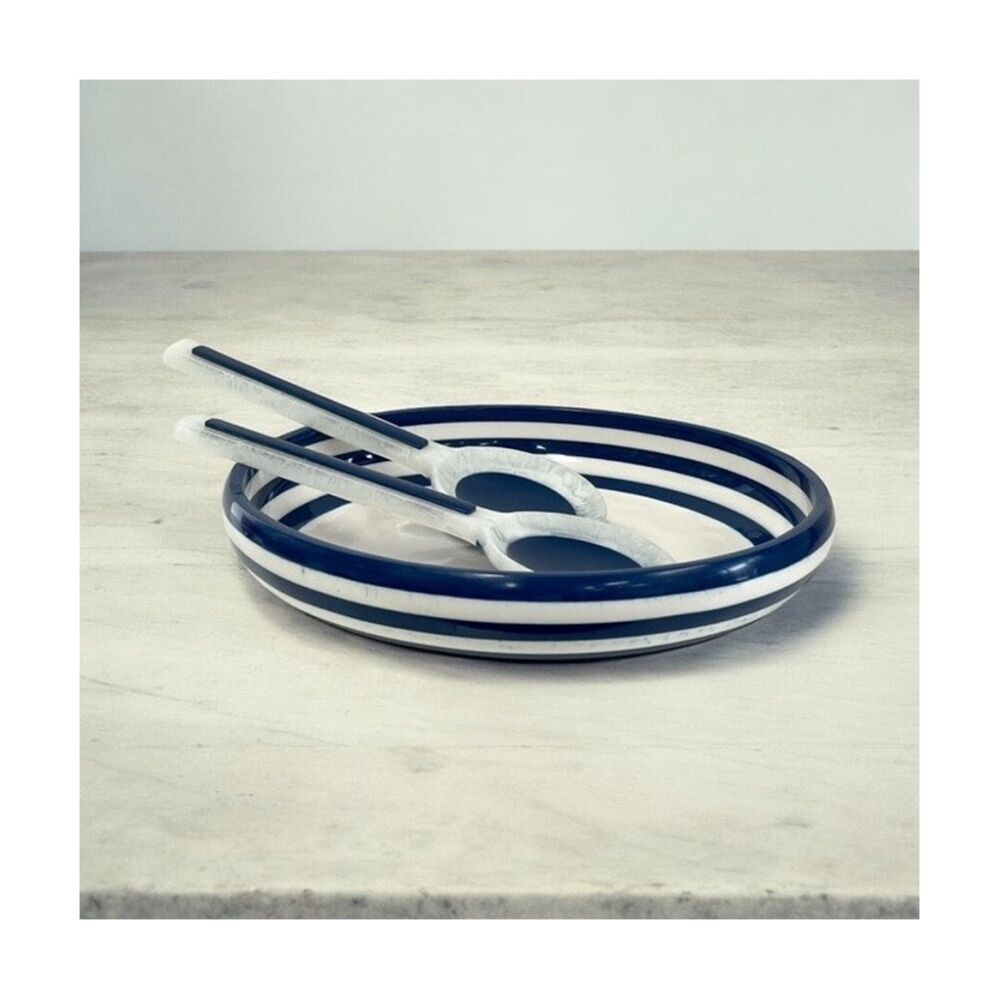 2x 2pc SS Collective Porto Navy & White Resin Salad Servers Utensil Set 30cm