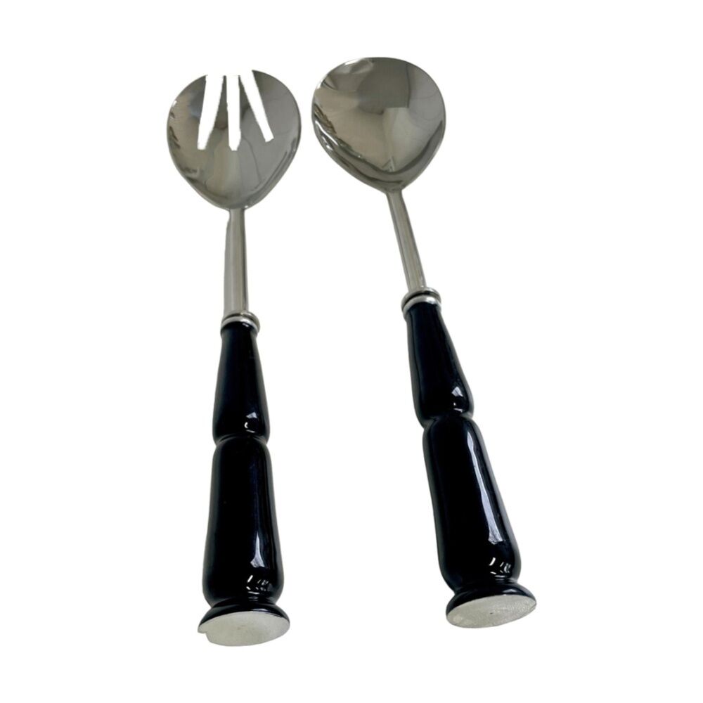 2x 2pc SS Collective Black Glossy Salad Server Utensil Set Enamel 30cm