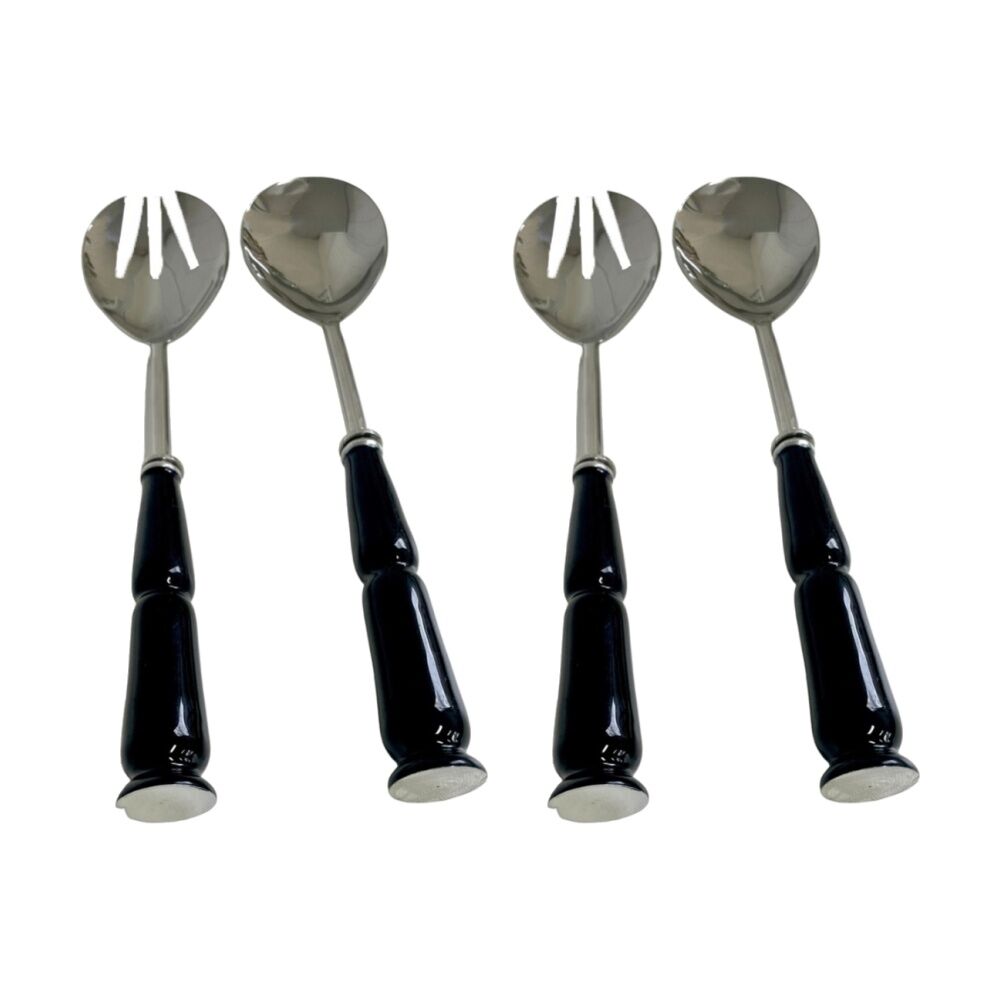 2x 2pc SS Collective Black Glossy Salad Server Utensil Set Enamel 30cm