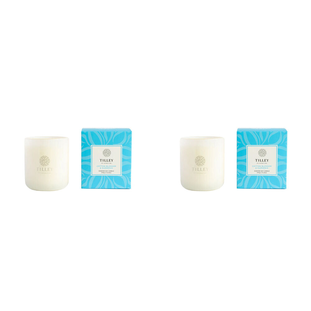 2PK Tilley Classic White Cotton Blossom & Gardenia Soy Candle Scented 375g