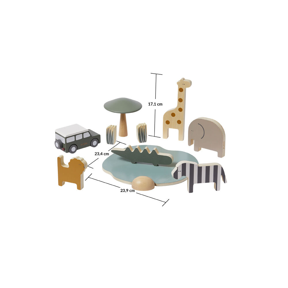 10pc Flexa Wooden Safari Animals and Jeep for Kids/Toddler 18m+