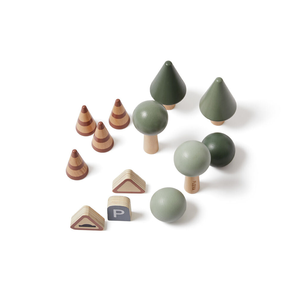 13pc Flexa Wooden Toy Accessories for Car Tracks  2y+