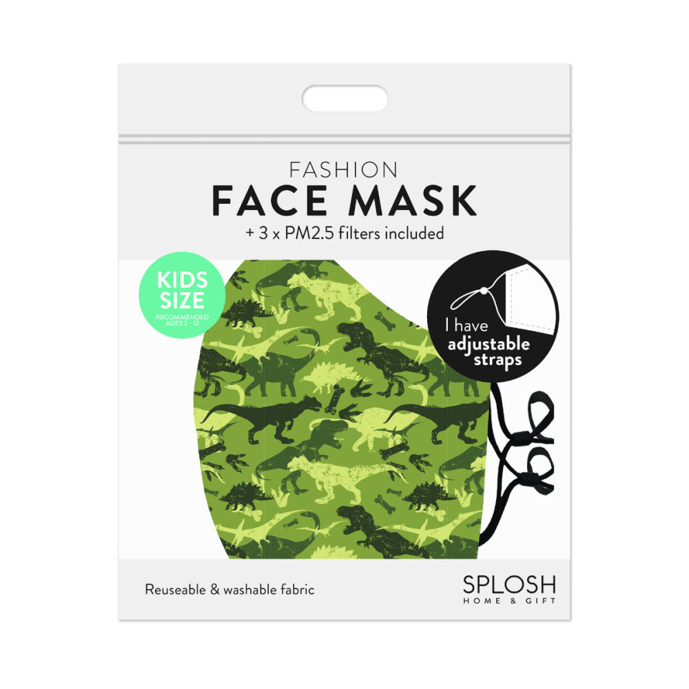 12PK Splosh Kids Reusable Face Mask w/ Adjustable Strap 2y+ Dinasour