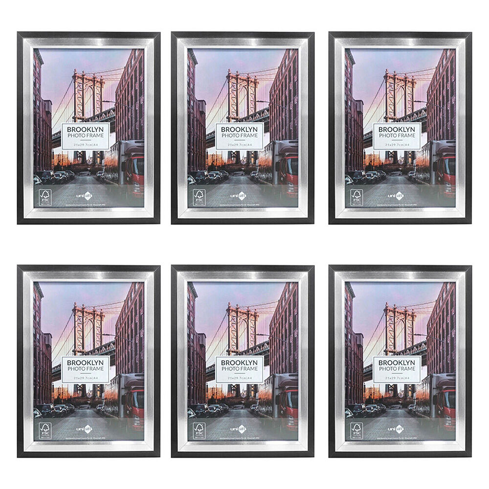 6PK Unigift Brooklyn Wooden/Glass Picture Photo Frame A4 Black/Silver