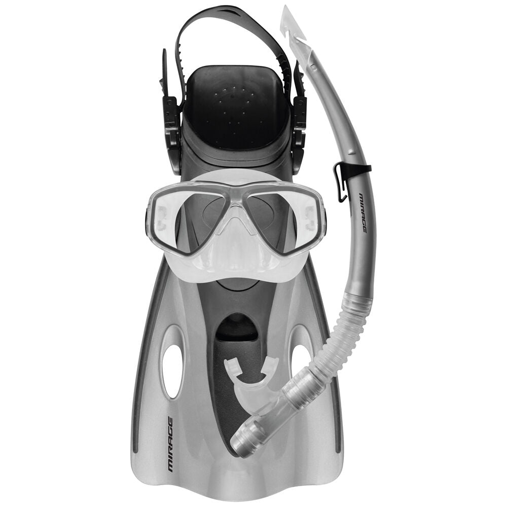 4pc Mirage Ezi-Travel Snorkelling Mask/Snorkel/Fins Set L/XL Silver