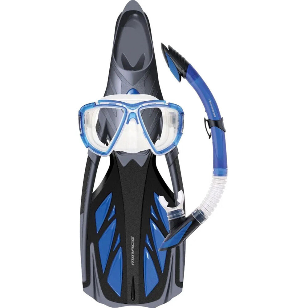 4pc Mirage Platinum Silcone Snorkelling Mask/Snorkel/Fins Set XL Blue