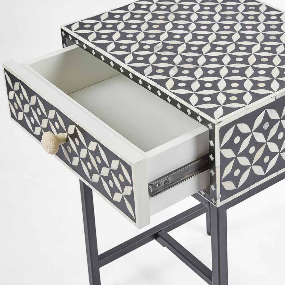 Belle Stella Bone Inlay Bedside Table w/ Drawer 45x65cm - Black