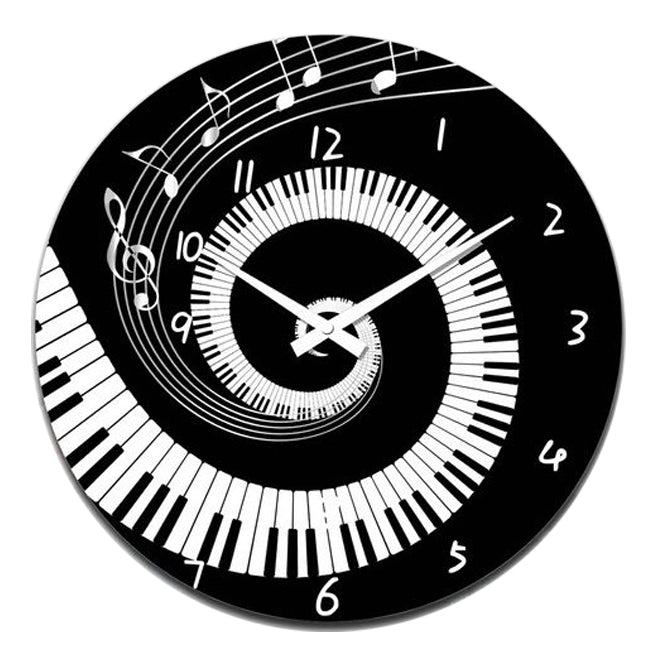 Music Piano Glass Analogue Hanging Wall Clock 30cm Round Home Decor