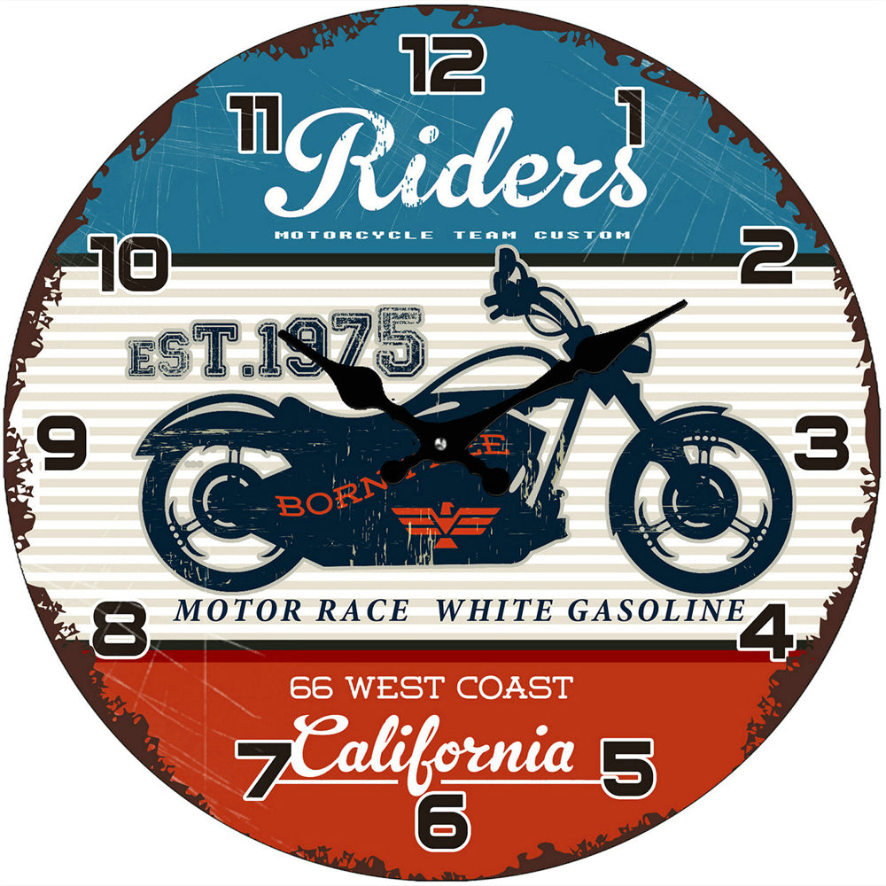 Riders Motorcycle Glass Analogue Hanging Wall Clock 30cm Round Decor