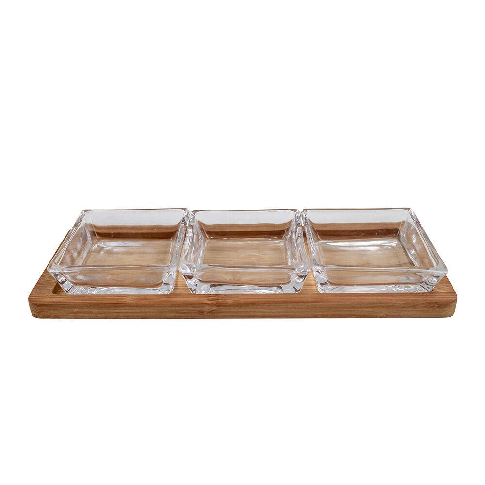 3pc NF Living Glass Serving Set Square Bowls Bamboo Tray 30cm Solid Clear