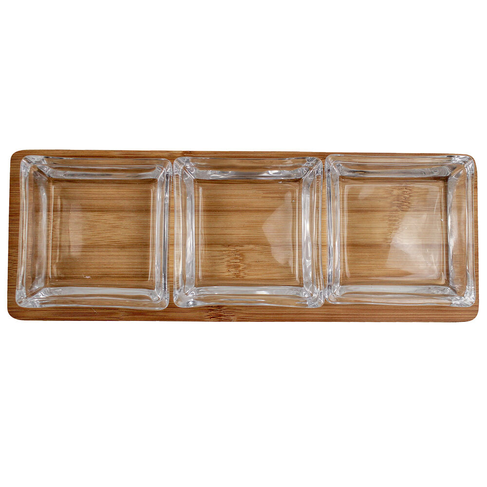 3pc NF Living Glass Serving Set Square Bowls Bamboo Tray 30cm Solid Clear