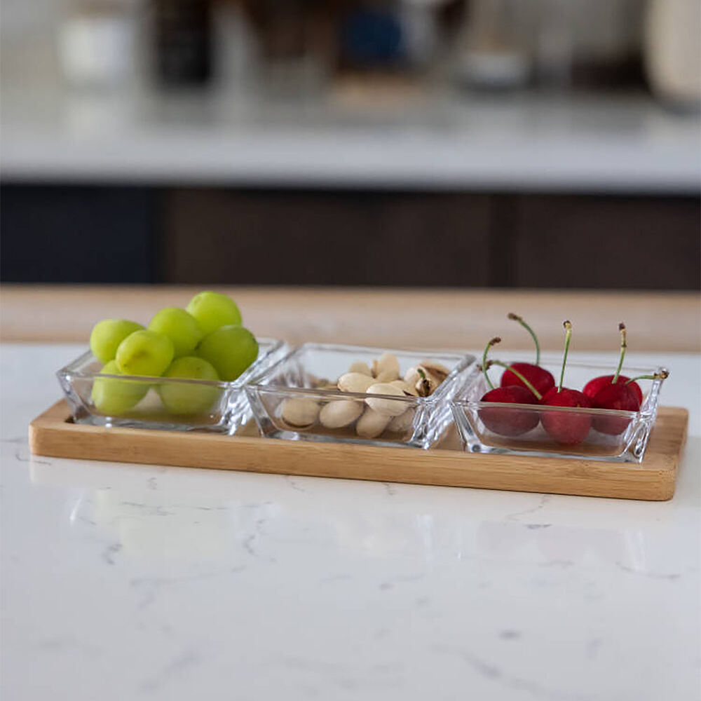3pc NF Living Glass Serving Set Square Bowls Bamboo Tray 30cm Solid Clear