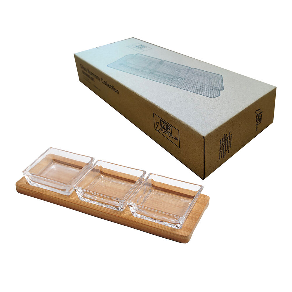 3pc NF Living Glass Serving Set Square Bowls Bamboo Tray 30cm Solid Clear