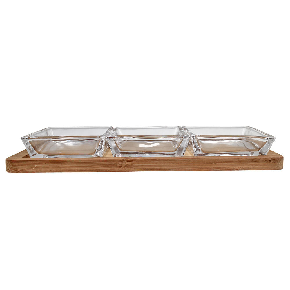 3pc NF Living Glass Serving Set Square Bowls Bamboo Tray 30cm Solid Clear