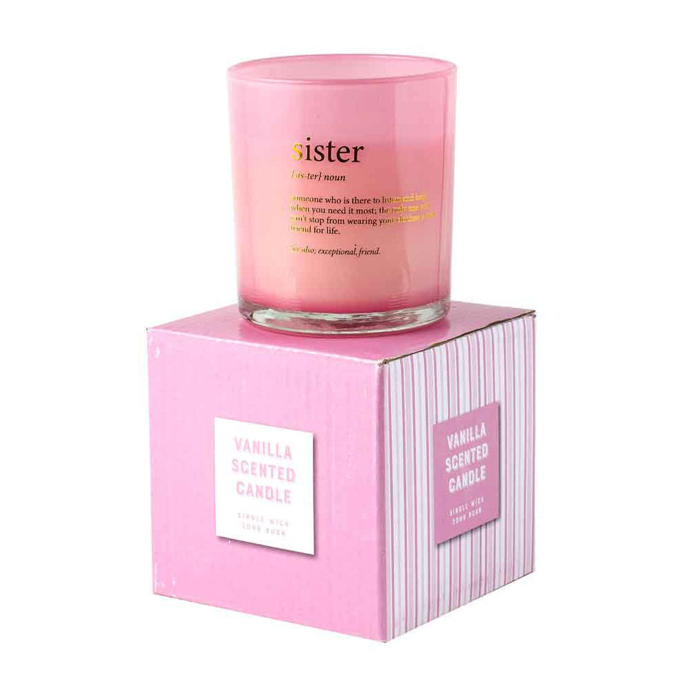 Sister Noun Vanilla Scented Pink Pearlescent Candle Round 12.5cm