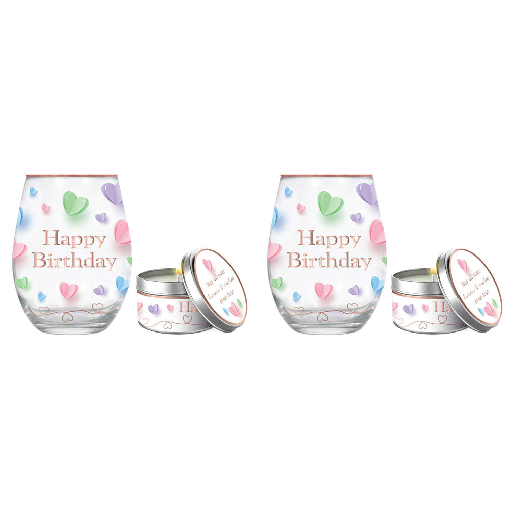 4pc Happy Birthday 520ml Stemless Glass Tumbler & Candle Vanilla Scent Set