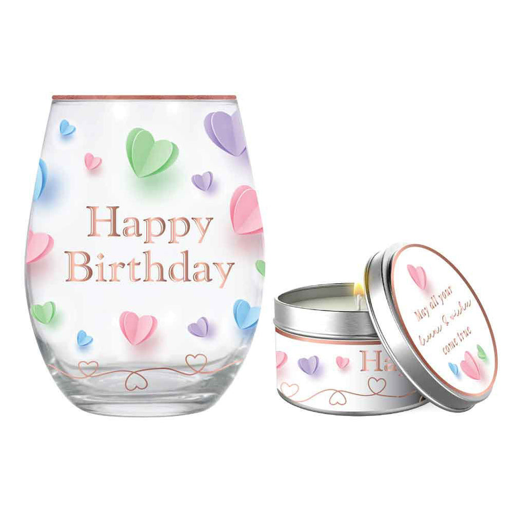 4pc Happy Birthday 520ml Stemless Glass Tumbler & Candle Vanilla Scent Set
