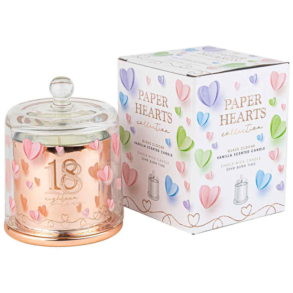 18th Paper Hearts Candle w/ Glass Cloche Vanilla Scent 45hr Burntime
