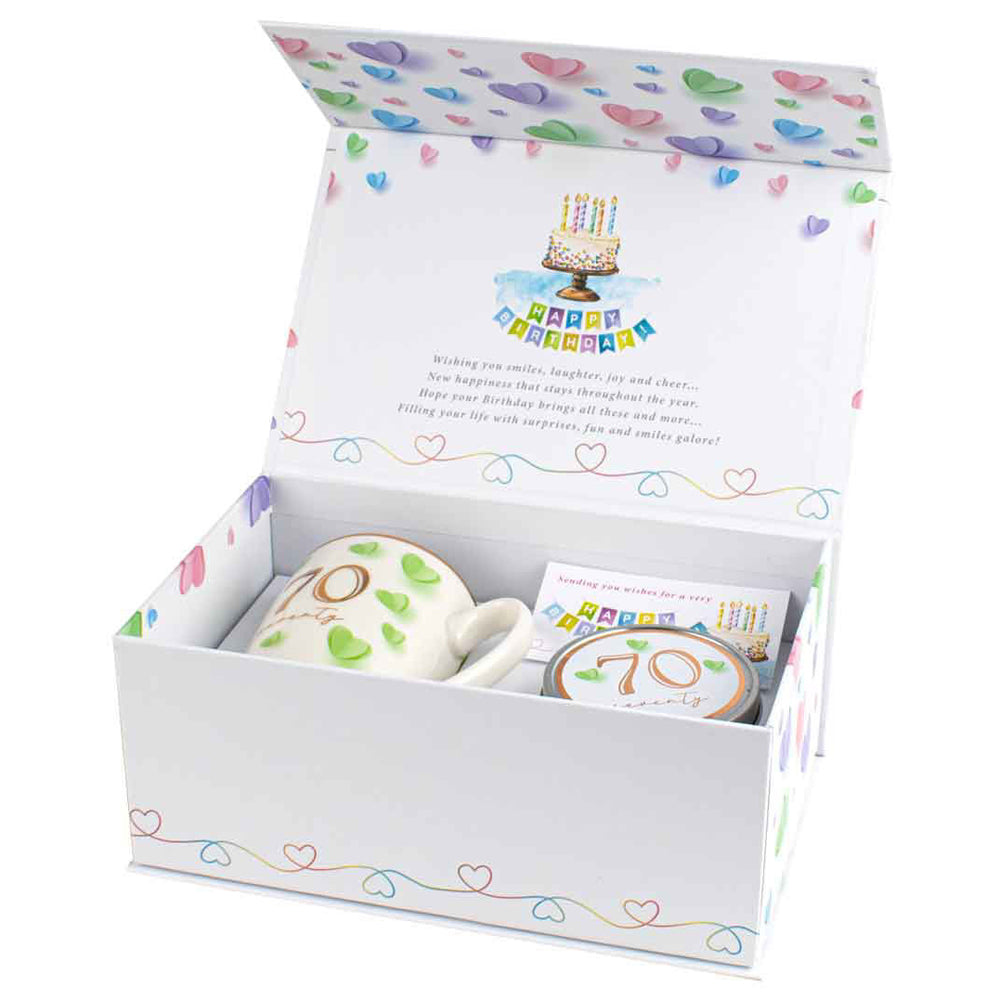 Ceramic Mug 400ml & Candle Paper Hearts 70th Birthday Gift Set