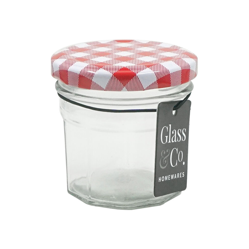 48PK Glass & Co Cleo 110ml Checked Lid Glass Jar - Clear/Red