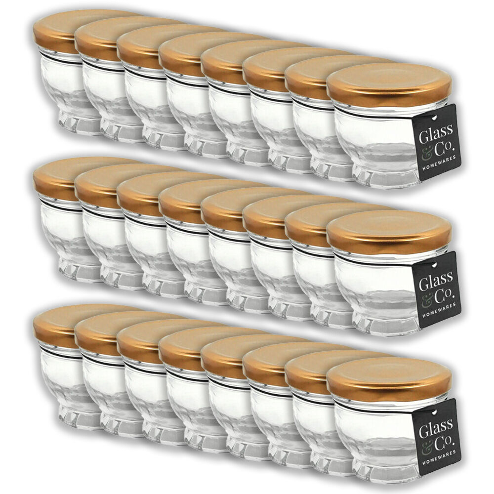 24PK Glass & Co Cleo Round Metallic Lid Jar Container 100ml Clear Assorted