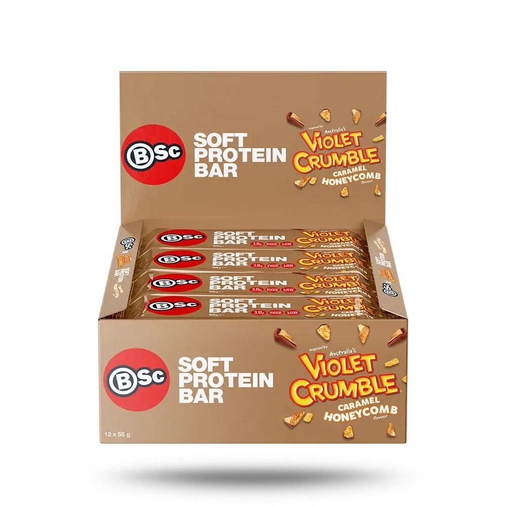 12PK BSc x Violet Crumble Soft High Protein Bar 55g Serve Caramel Honeycomb