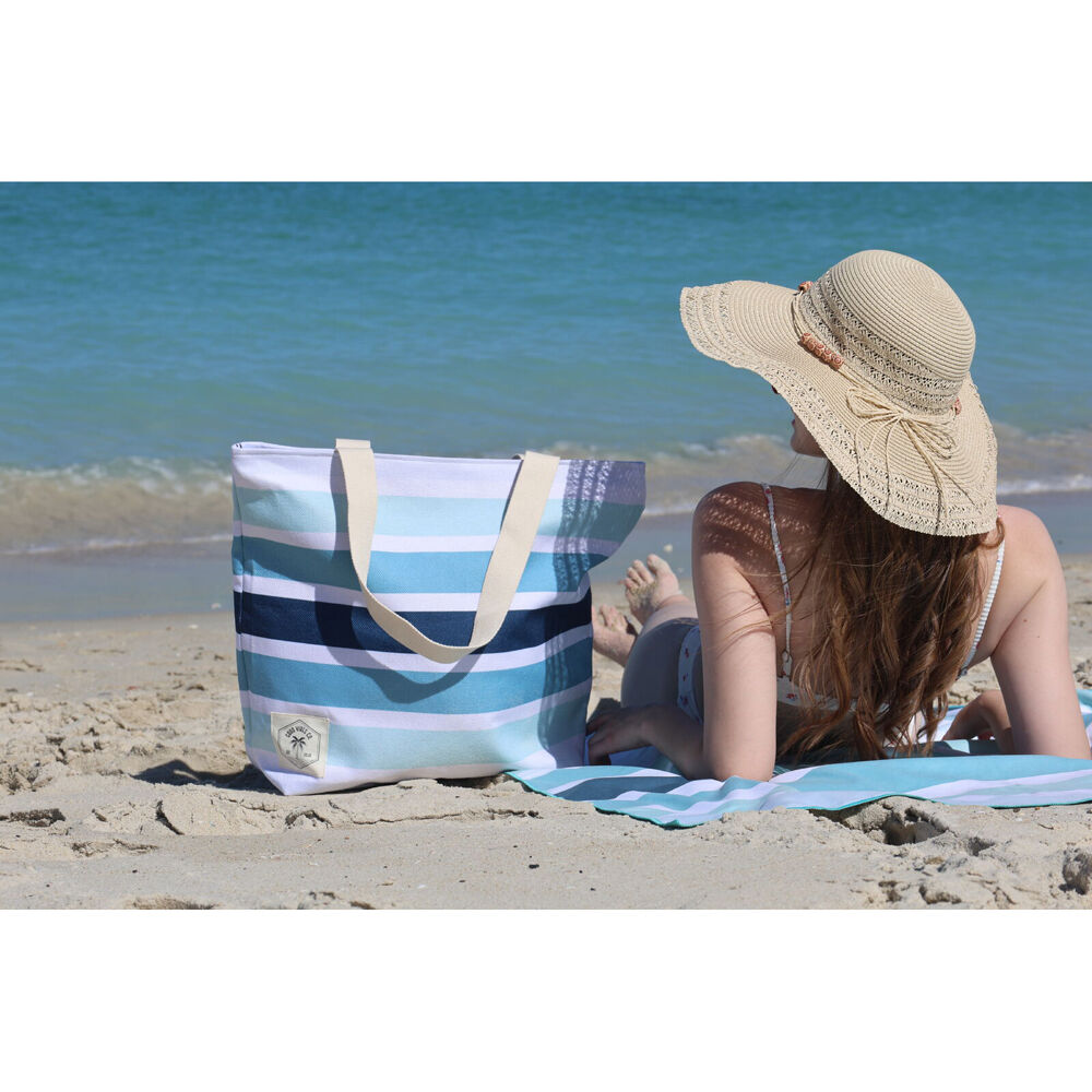 Good Vibes Canvas Beach Bag With Zip Ocean Tide Print 41x47x15cm