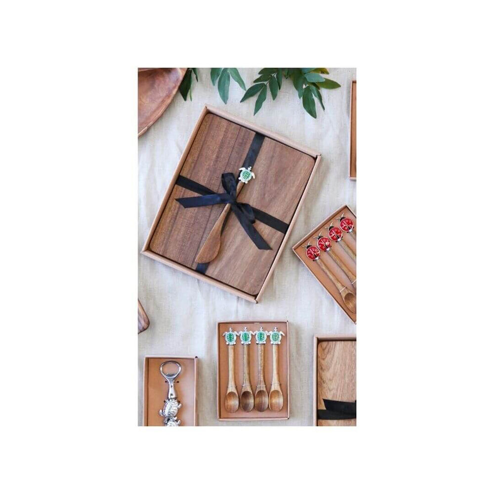 2x2pc Darlin Acacia Wood Cheeseboard w/ Silver Turtle Spreader Heat Resistance