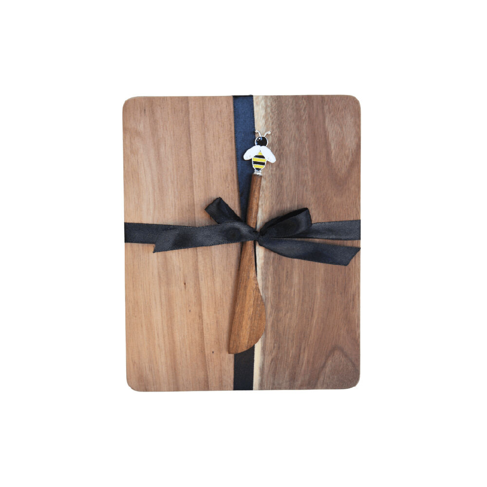 2x2pc Darlin Acacia Wood Cheeseboard w/ Silver Bee Spreader Heat Resistance