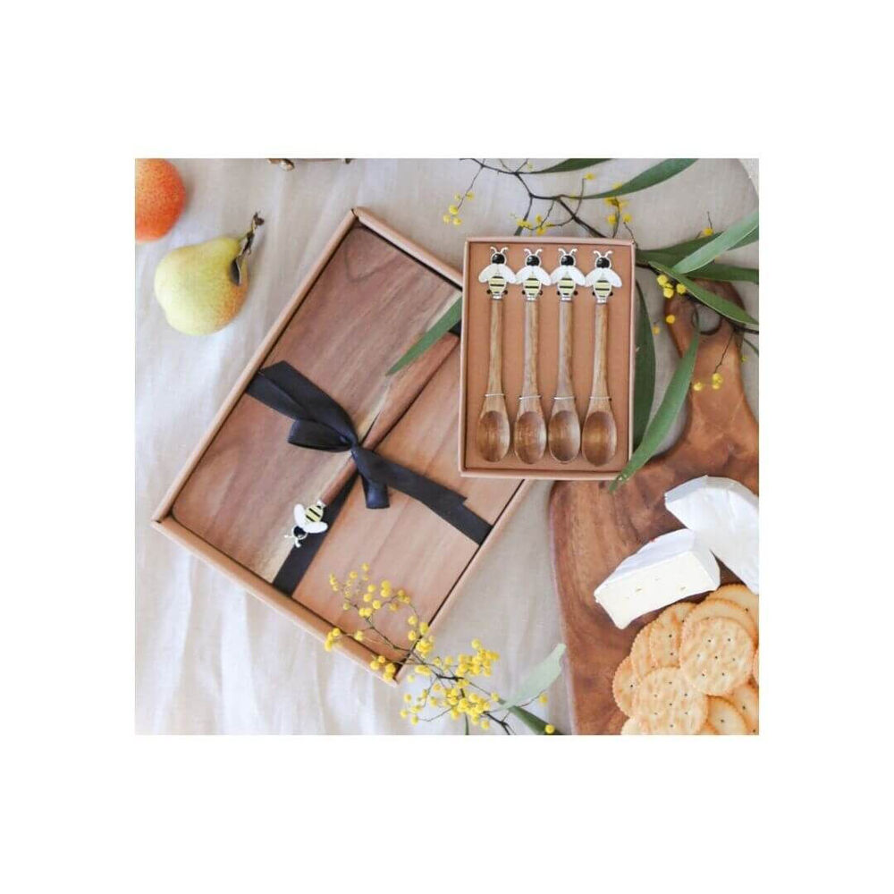 2x2pc Darlin Acacia Wood Cheeseboard w/ Silver Bee Spreader Heat Resistance