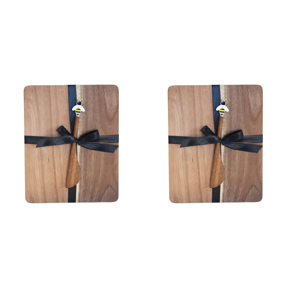 2x2pc Darlin Acacia Wood Cheeseboard w/ Silver Bee Spreader Heat Resistance