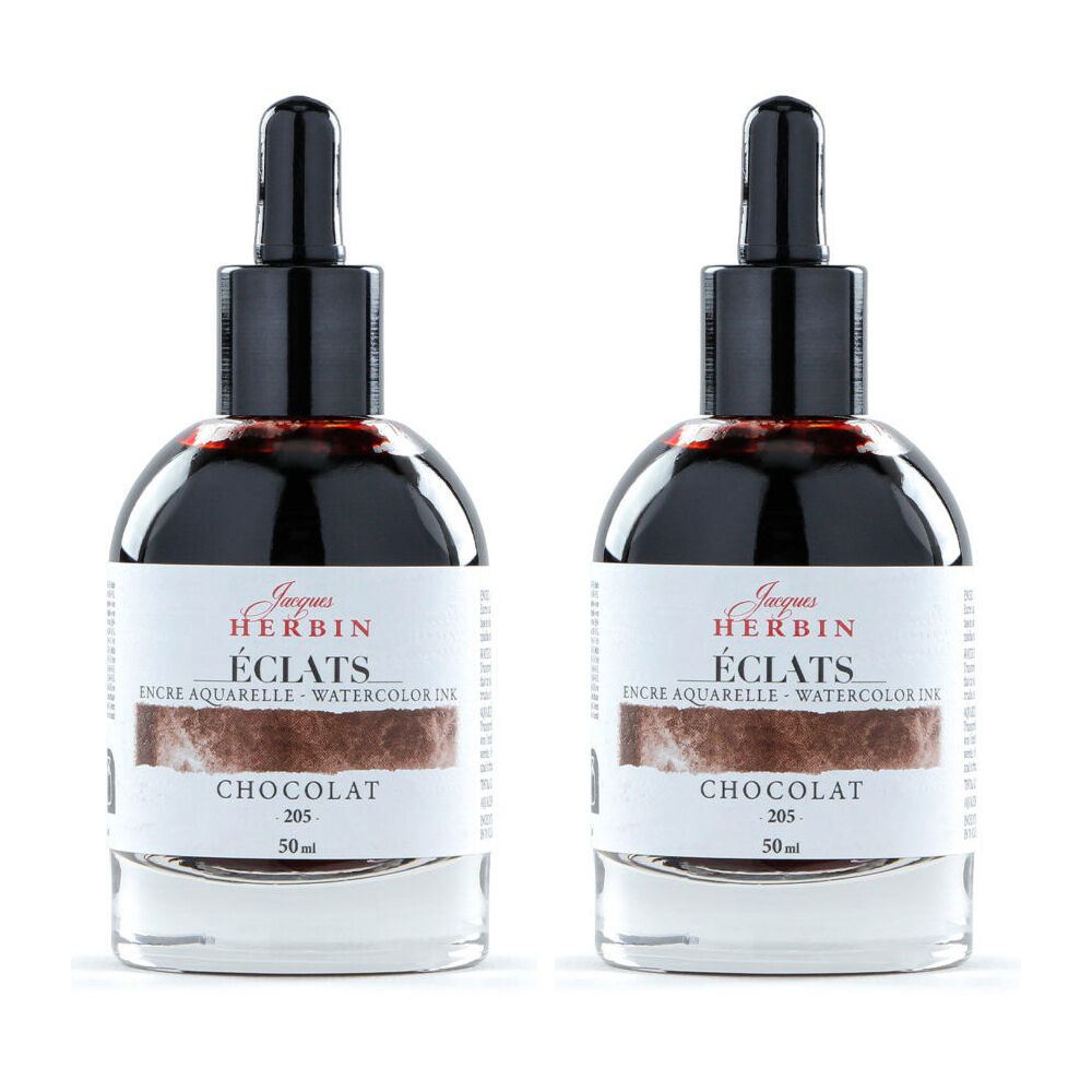 2PK Herbin Eclats Glass Bottle Intense Watercolour Ink w/ Dropper 50ml Chocolate