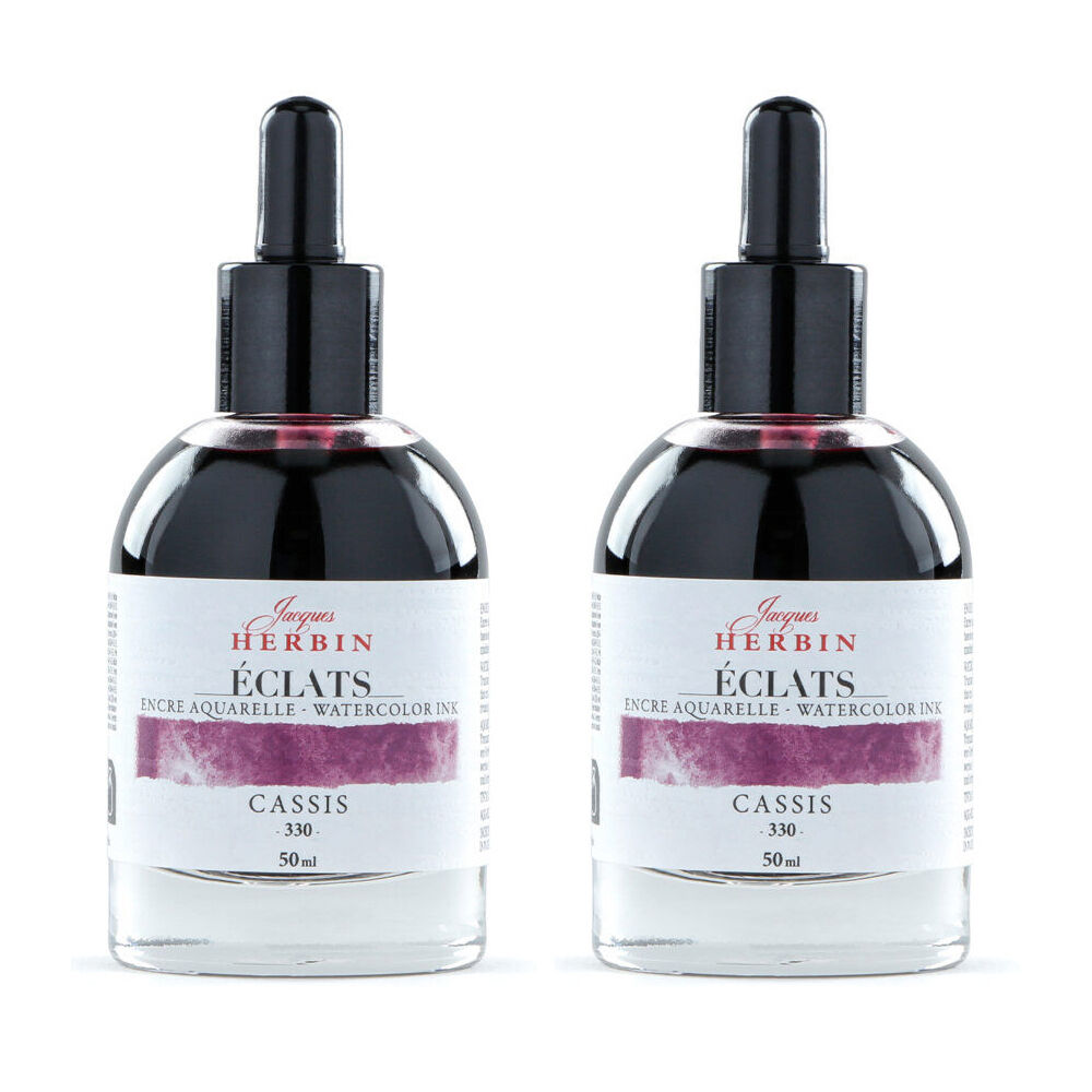 2PK Herbin Eclats Glass Bottle Watercolour Ink w/ Dropper 50ml Blackcurrant