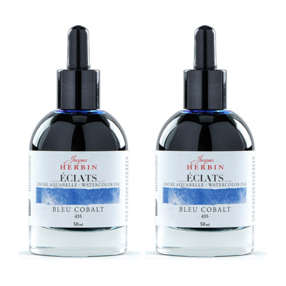 2PK Herbin Eclats Glass Bottle Watercolour Ink w/ Dropper 50ml Cobalt Blue