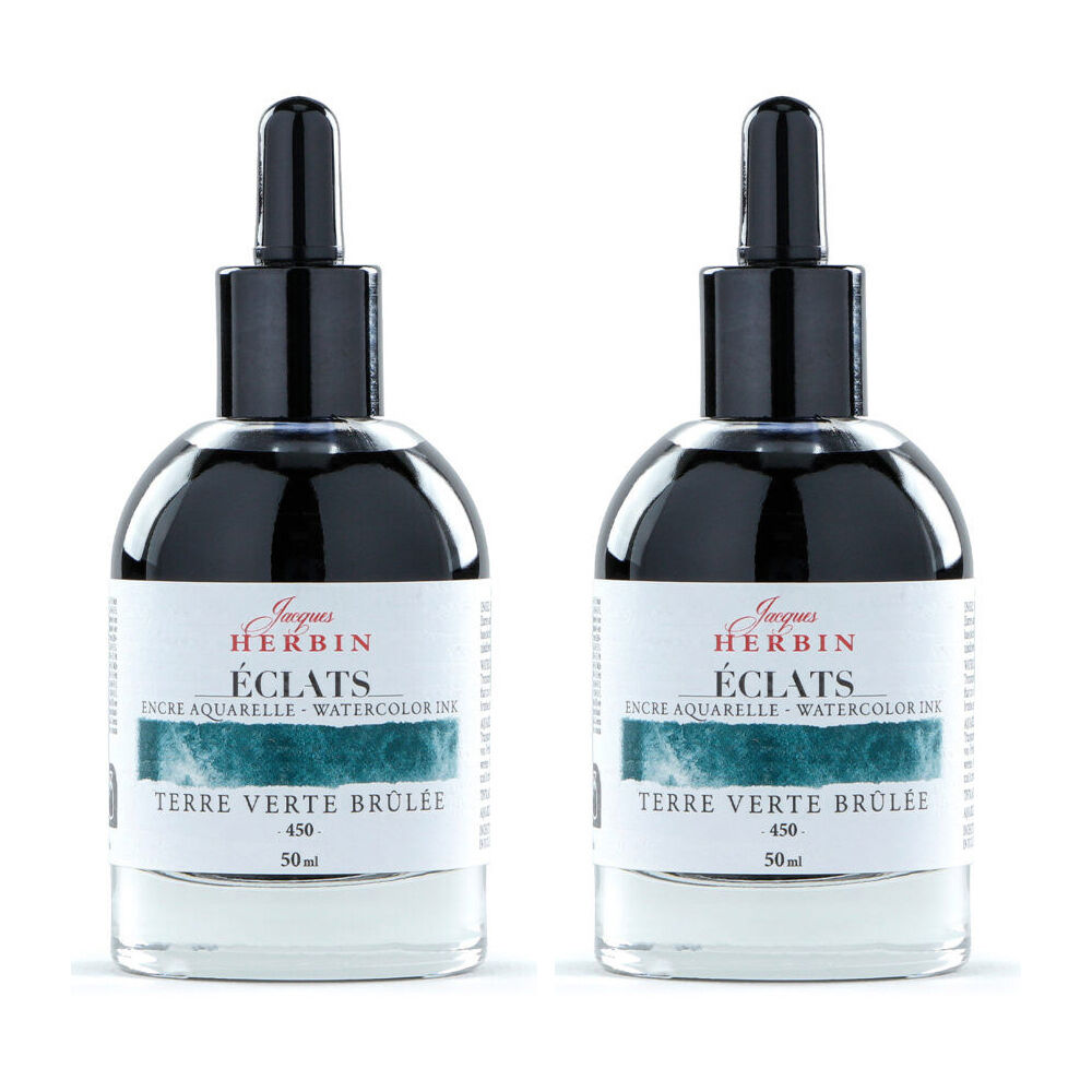 2PK Herbin Eclats Intense Watercolour Ink w/ Dropper 50ml Burnt Green Earth
