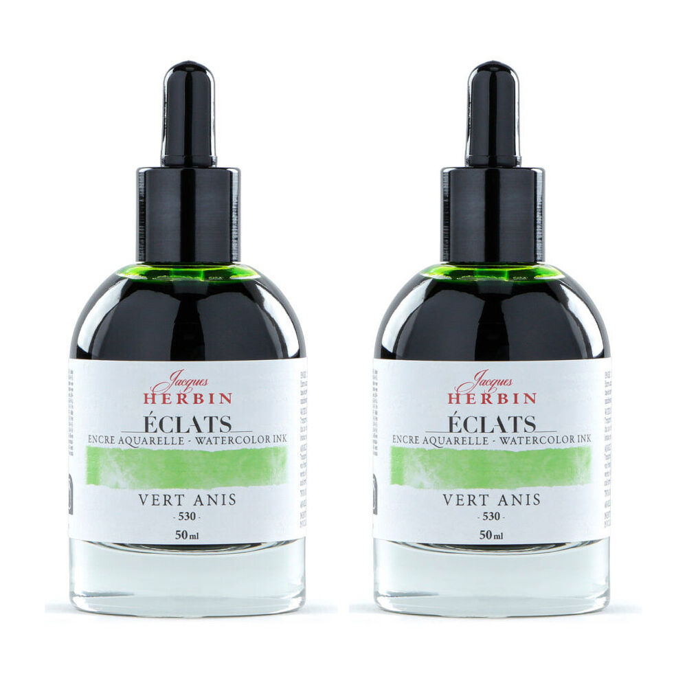 2PK Herbin Eclats Glass Bottle Watercolour Ink w/ Dropper 50ml Anise Green