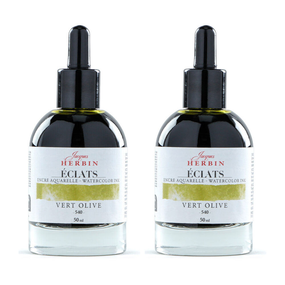 2PK Herbin Eclats Glass Bottle Watercolour Ink w/ Dropper 50ml Olive Green