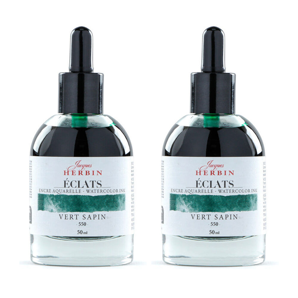 2PK Herbin Eclats Glass Bottle Intense Watercolour Ink w/ Dropper 50ml Fir Green
