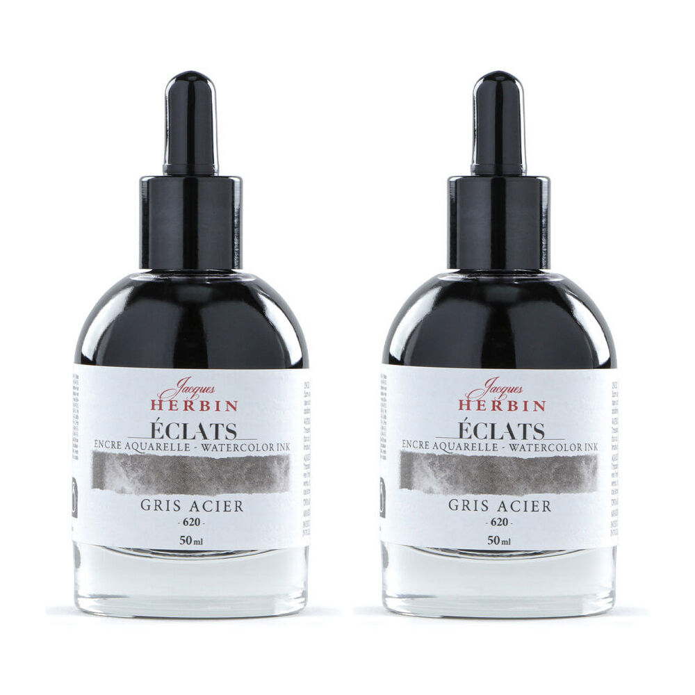 2PK Herbin Eclats Glass Bottle Watercolour Ink w/ Dropper 50ml Steel Grey