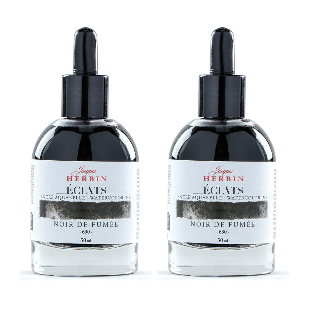 2PK Herbin Eclats Glass Bottle Watercolour Ink w/ Dropper 50ml Carbon Black
