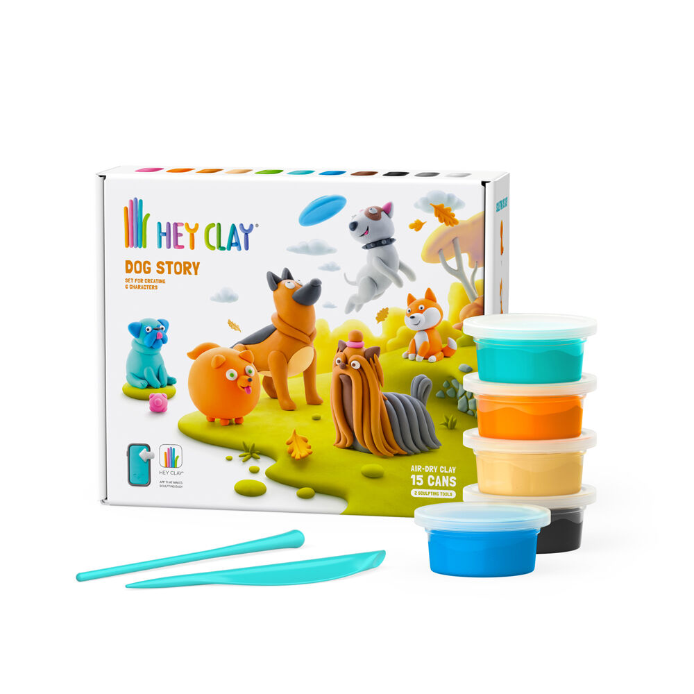 Hey Clay Dog Story Theme Modelling Set w/15 Colour Cans & 2 Tools 3y+